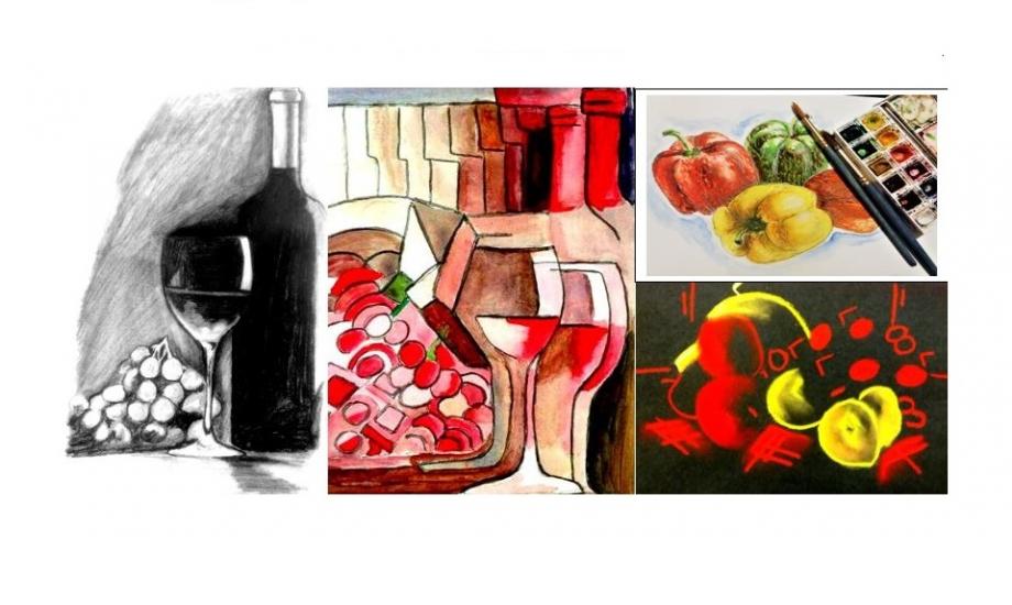 Still life compositions coloured and drawn in various different styles