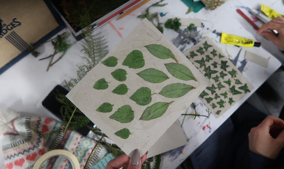 A desk table covered in leaves and botanical shapes 