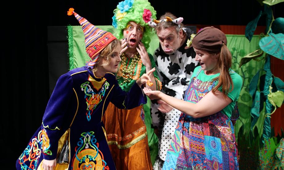 The cast of Jack and the Beanstalk, astonished by the magic beans